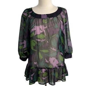 APT. 9 Women's Sheer Chiffon Outer Layer Ruffle Hem Blouse Purple & Green, Sz XL